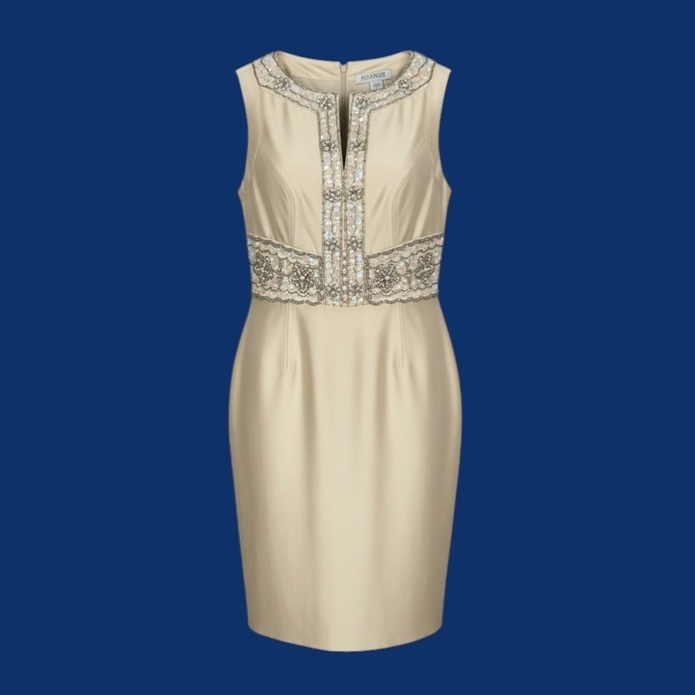 Vintage Kay Unger Raw Silk Ornate Beaded Dress Size 2 Champagne Empire Waist HK